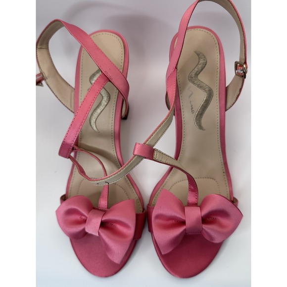Nina Women's Pink Satin Bow Heels Slingback Open Toe Block Heel - Picture 5 of 8